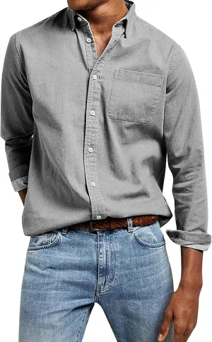 Button Down Shirt for Men Fashion Solid Lapel Long Sleeve Dress Shirts Casual Heavywegiht Untucked Blouse with Pocket