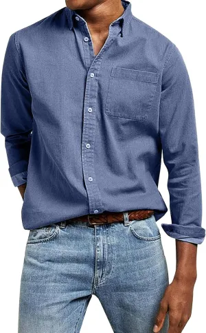 Button Down Shirt for Men Fashion Solid Lapel Long Sleeve Dress Shirts Casual Heavywegiht Untucked Blouse with Pocket
