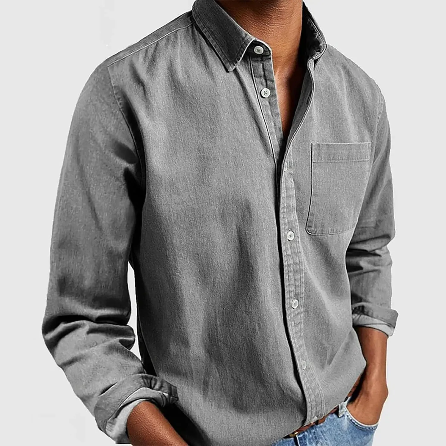 Button Down Shirt for Men Fashion Solid Lapel Long Sleeve Dress Shirts Casual Heavywegiht Untucked Blouse with Pocket