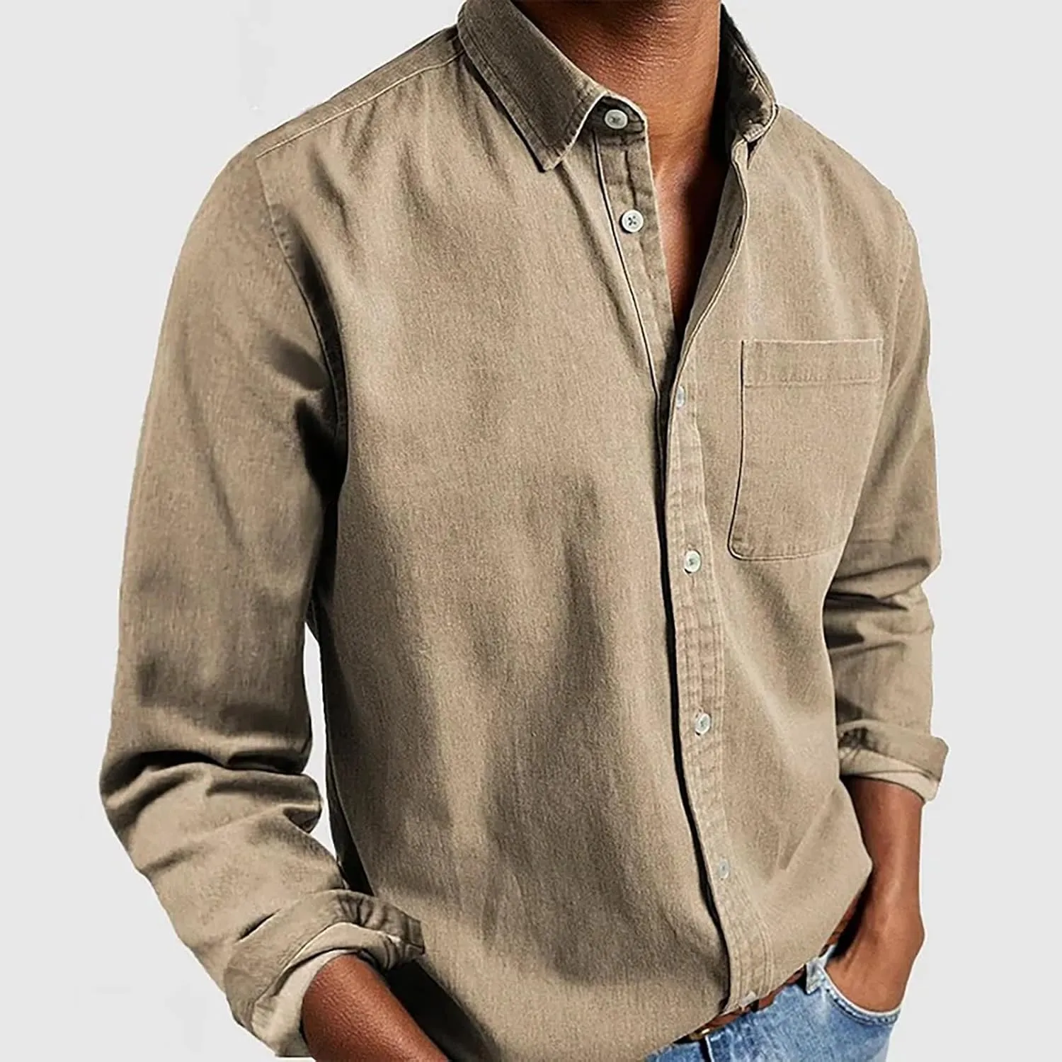 Button Down Shirt for Men Fashion Solid Lapel Long Sleeve Dress Shirts Casual Heavywegiht Untucked Blouse with Pocket