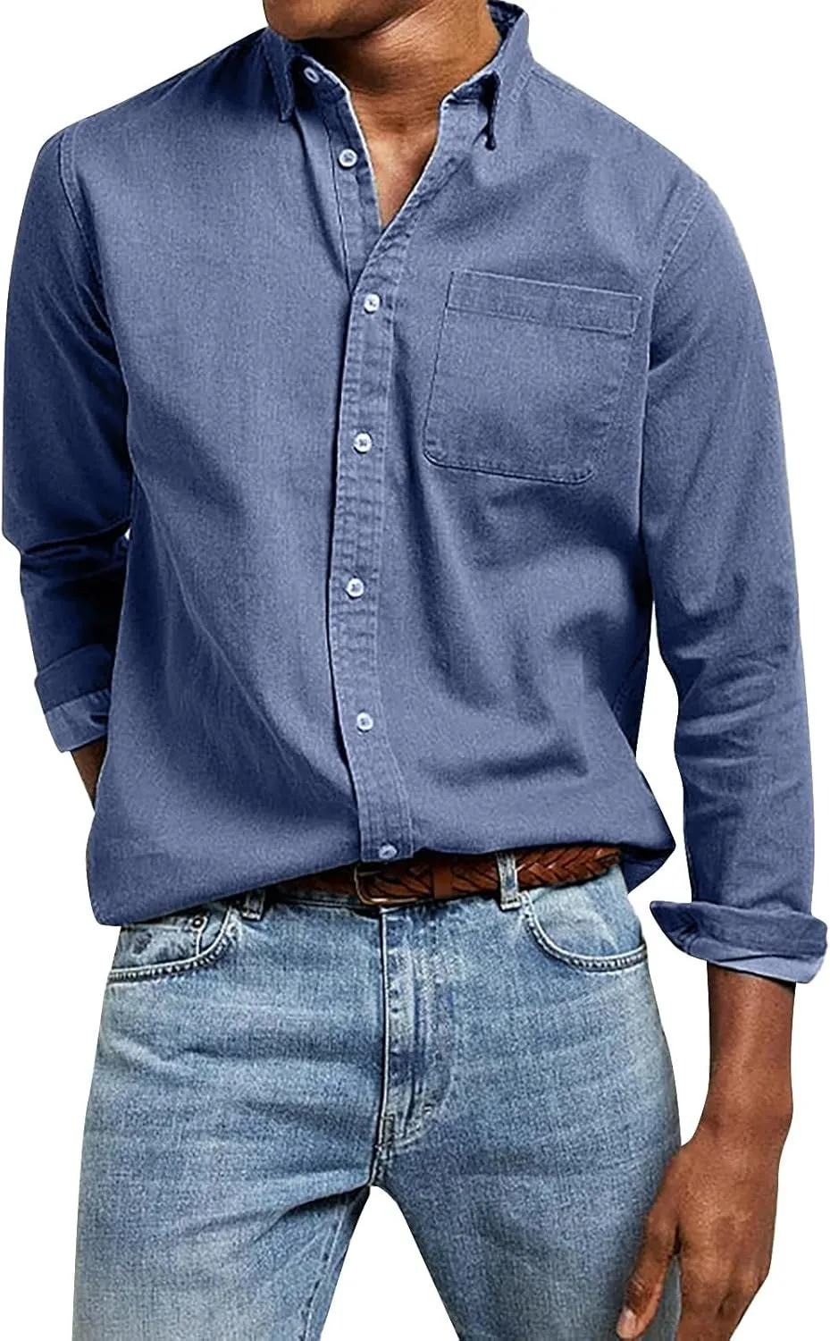 Button Down Shirt for Men Fashion Solid Lapel Long Sleeve Dress Shirts Casual Heavywegiht Untucked Blouse with Pocket