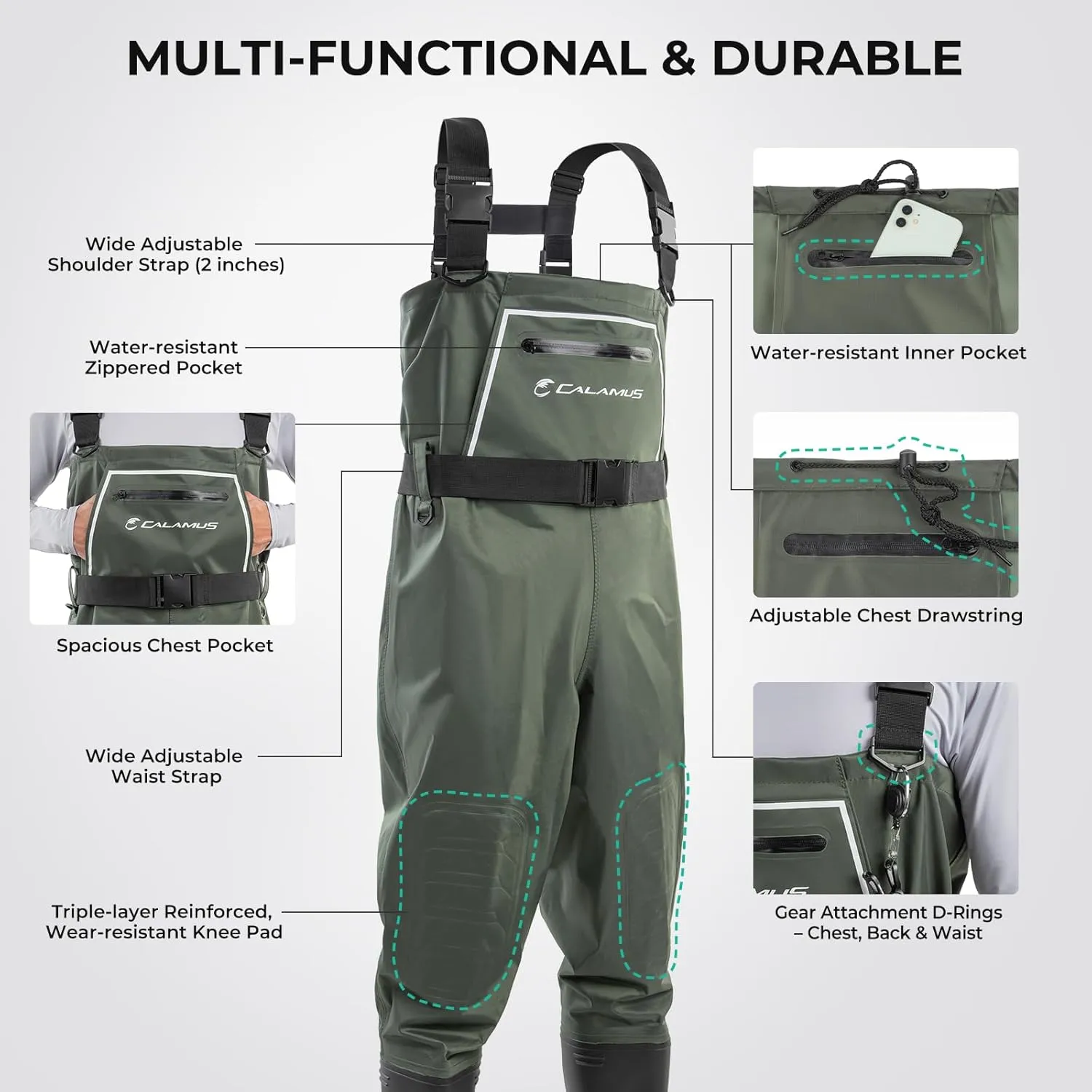 Calamus WaveWalker Fishing Waders for Men & Women, 100% Waterproof PVC Waders with Slip-Resistant Boots, Tear-Resistant Nylon