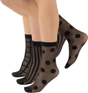 CALZITALY 3 Pairs Women Pop Socks, Sheer Everyday Ankle Socks in 3 Different Designs: Dots, Stripes and Geometric