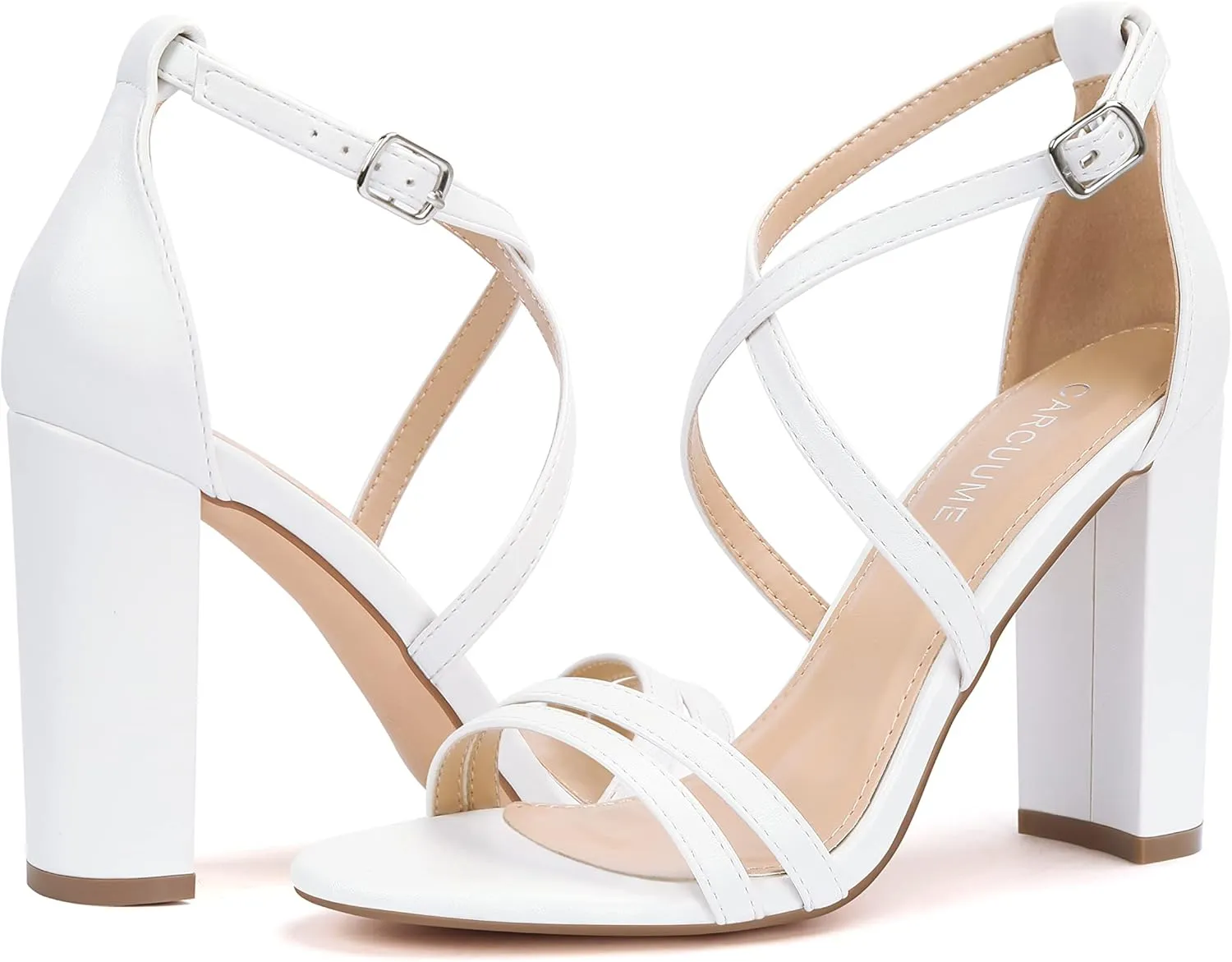 Carcuume Women's Strappy Heels 4-inch Chunky Block Heel Open Toe Ankle Strap Comfortable Party Wedding Shoes