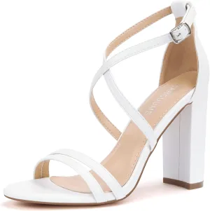 Carcuume Women's Strappy Heels 4-inch Chunky Block Heel Open Toe Ankle Strap Comfortable Party Wedding Shoes