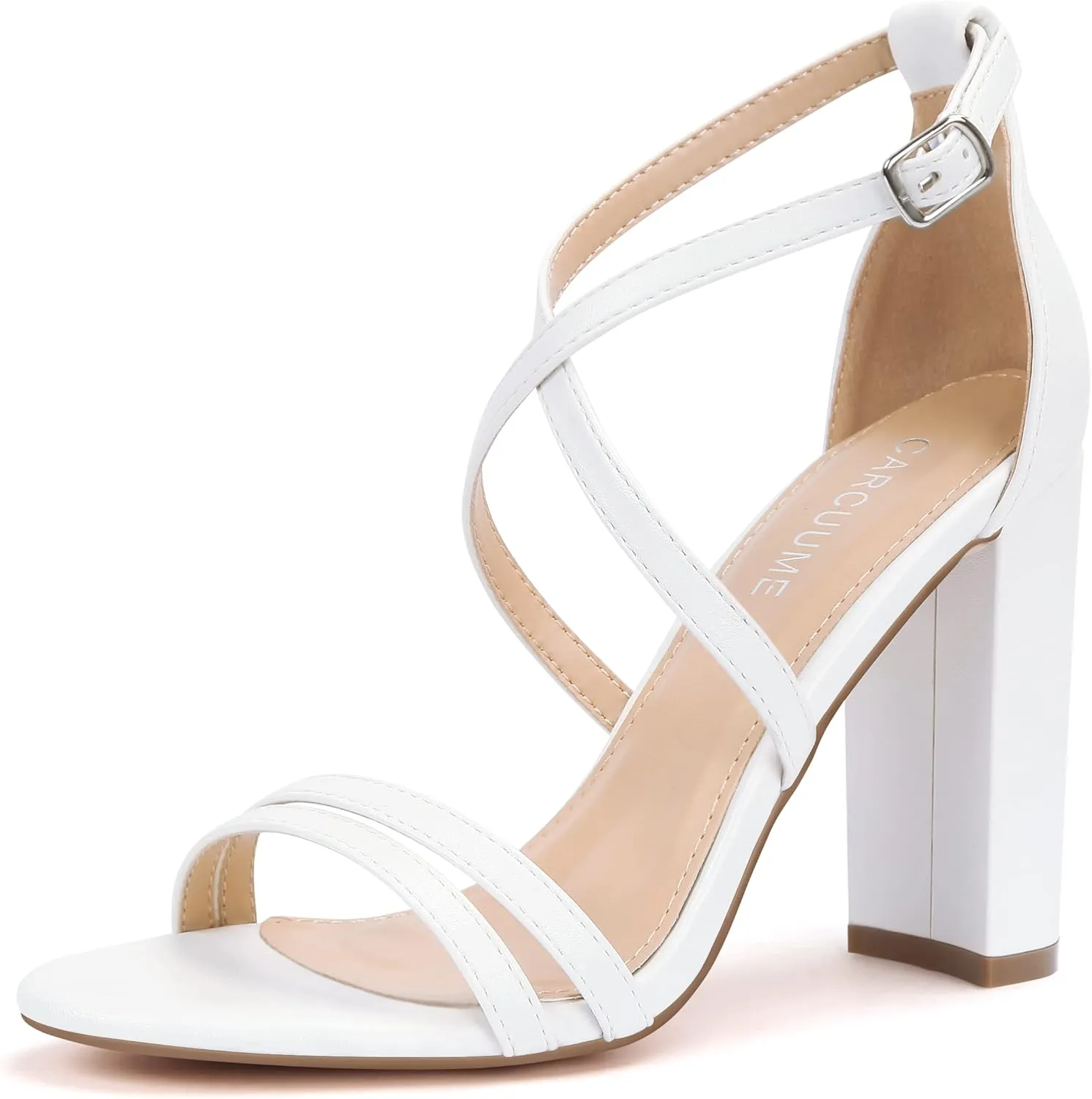 Carcuume Women's Strappy Heels 4-inch Chunky Block Heel Open Toe Ankle Strap Comfortable Party Wedding Shoes