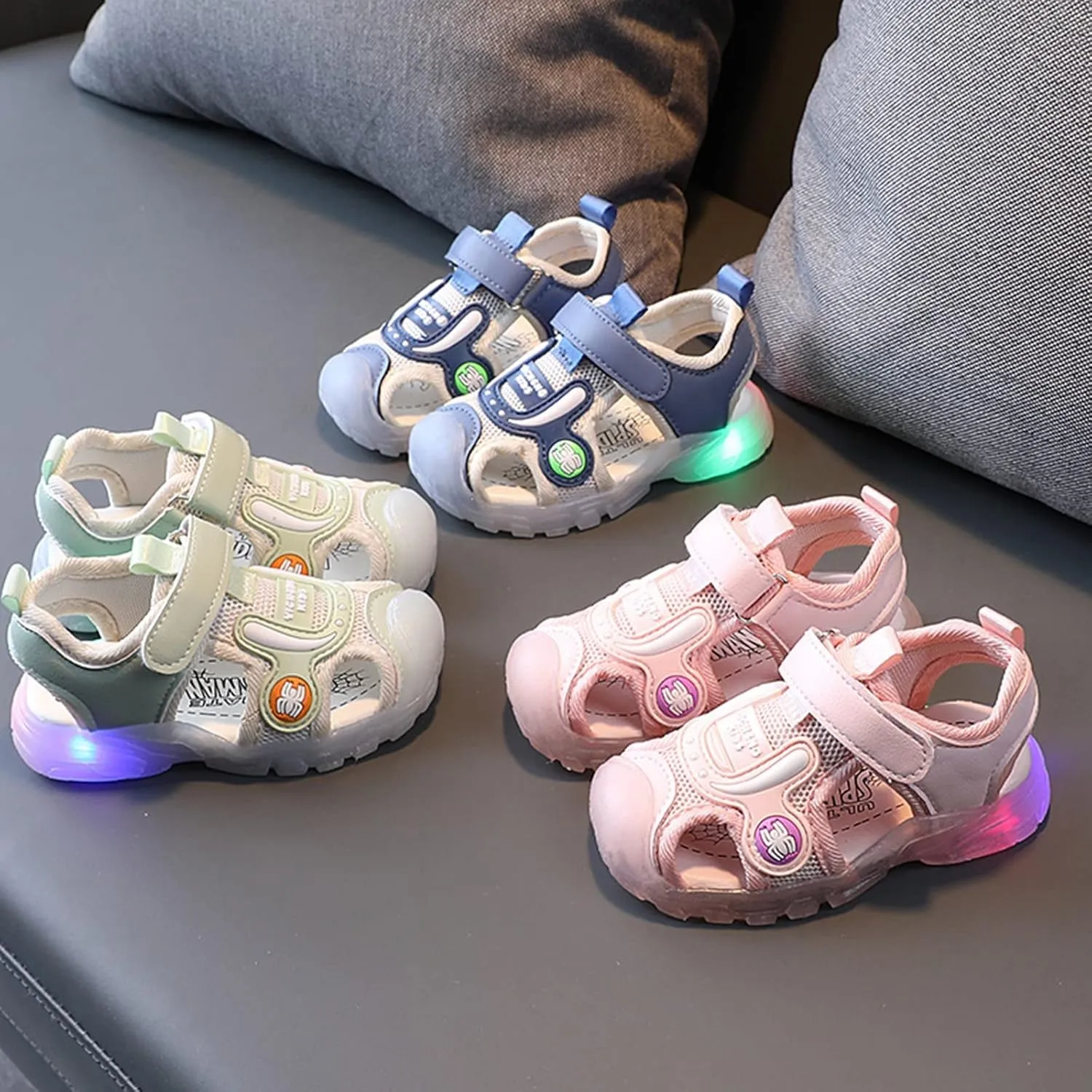 Cartoon Light Up Toddler Sandals Boys Girls Closed Toe Beach Shoes Luminous Soft Sole Non Slip Anti Slip Sneakers