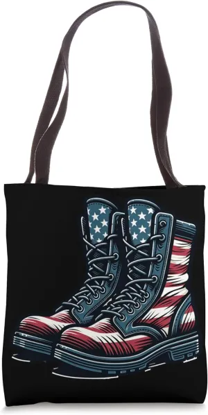 Cartoon Military Boots With American Flag Design Tote Bag