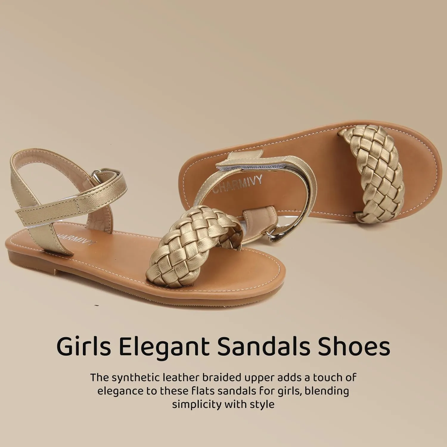 Charmivy Girls Sandals Braided Upper Flat Dress Sandals Round Open Toe Summer Shoes Little Kid/Big Kid