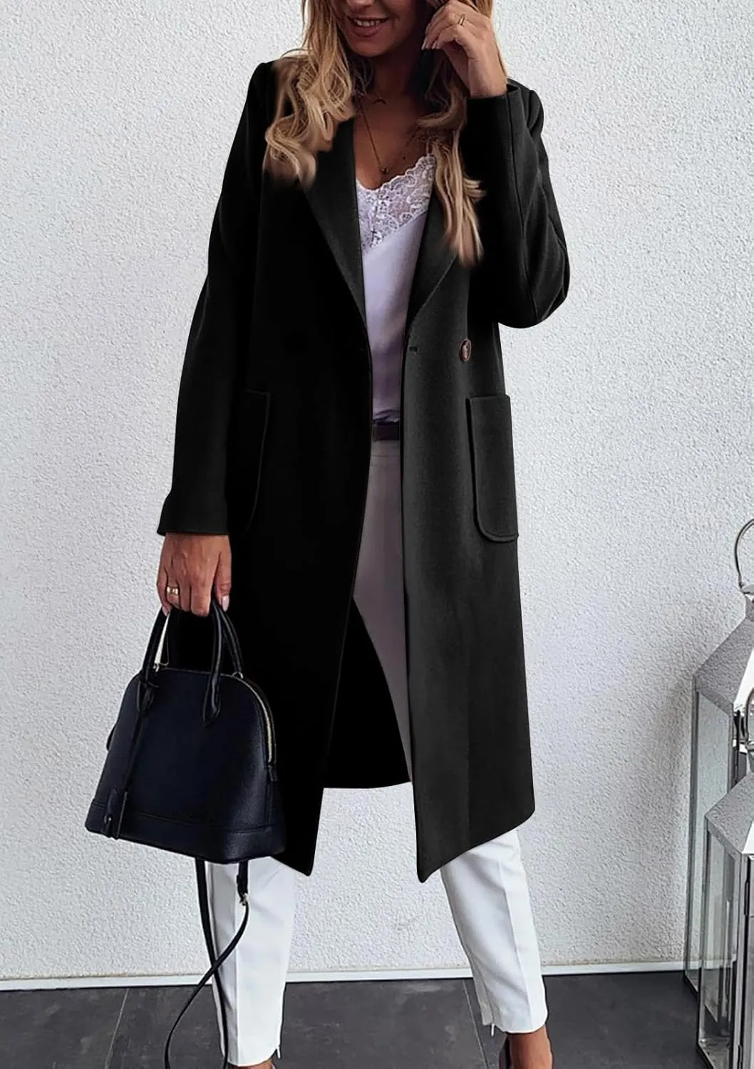 chouyatou Women's Double Breasted Winter Wool Pea Coat Midi Long Warm Wool Blend Trench Coat