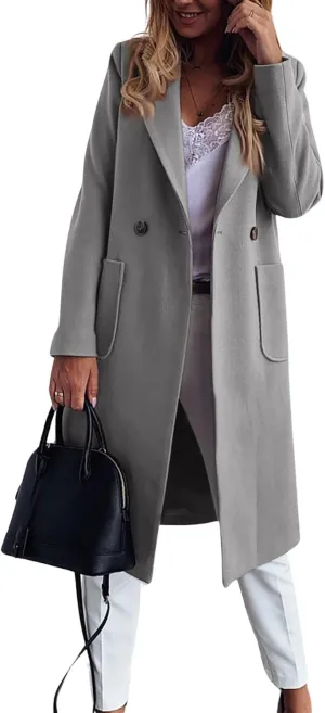 chouyatou Women's Double Breasted Winter Wool Pea Coat Midi Long Warm Wool Blend Trench Coat