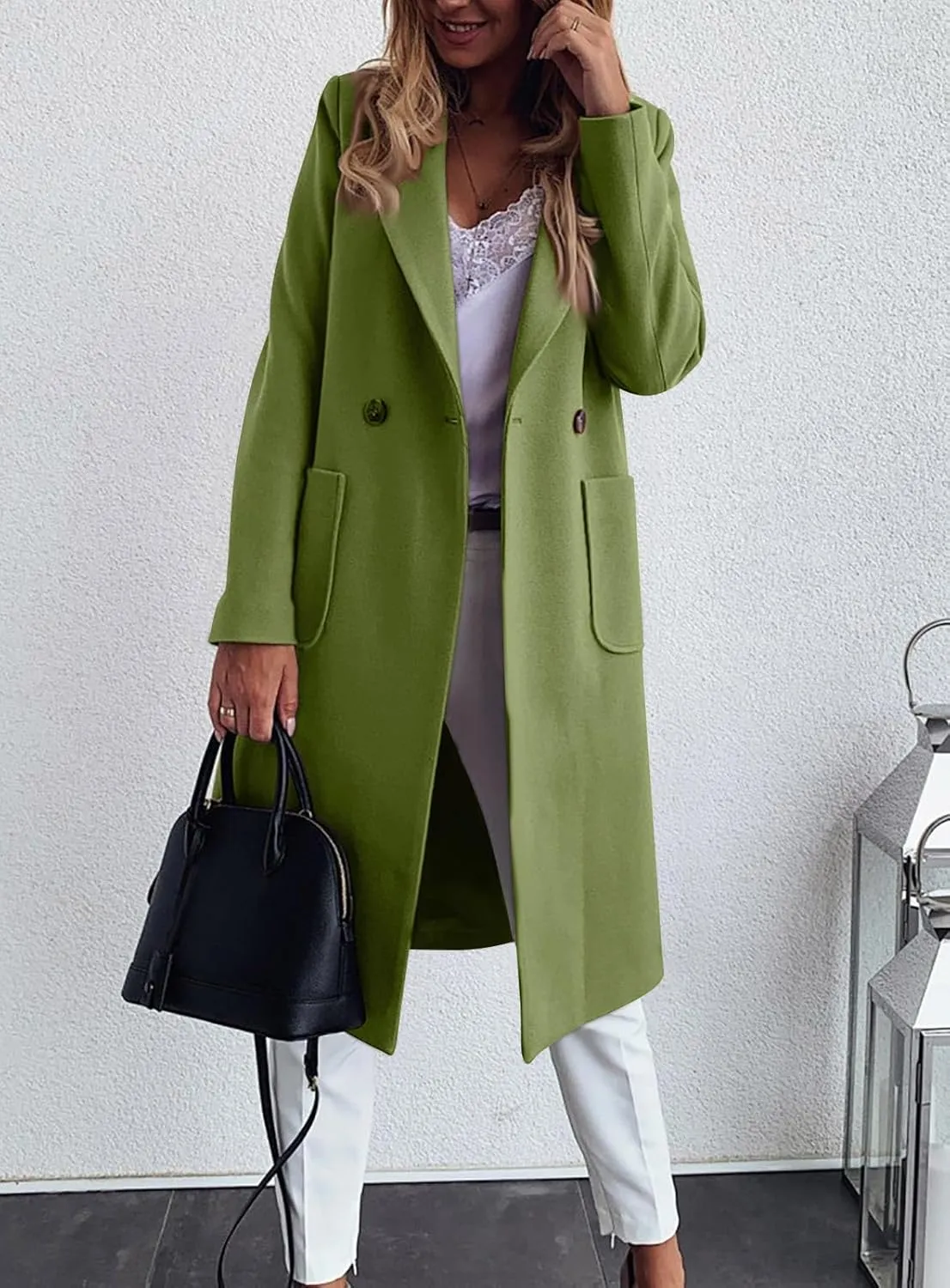 chouyatou Women's Double Breasted Winter Wool Pea Coat Midi Long Warm Wool Blend Trench Coat
