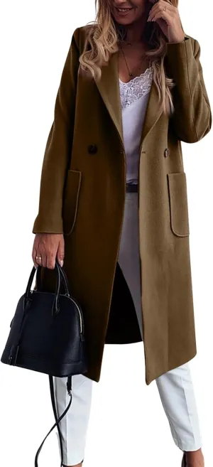chouyatou Women's Double Breasted Winter Wool Pea Coat Midi Long Warm Wool Blend Trench Coat