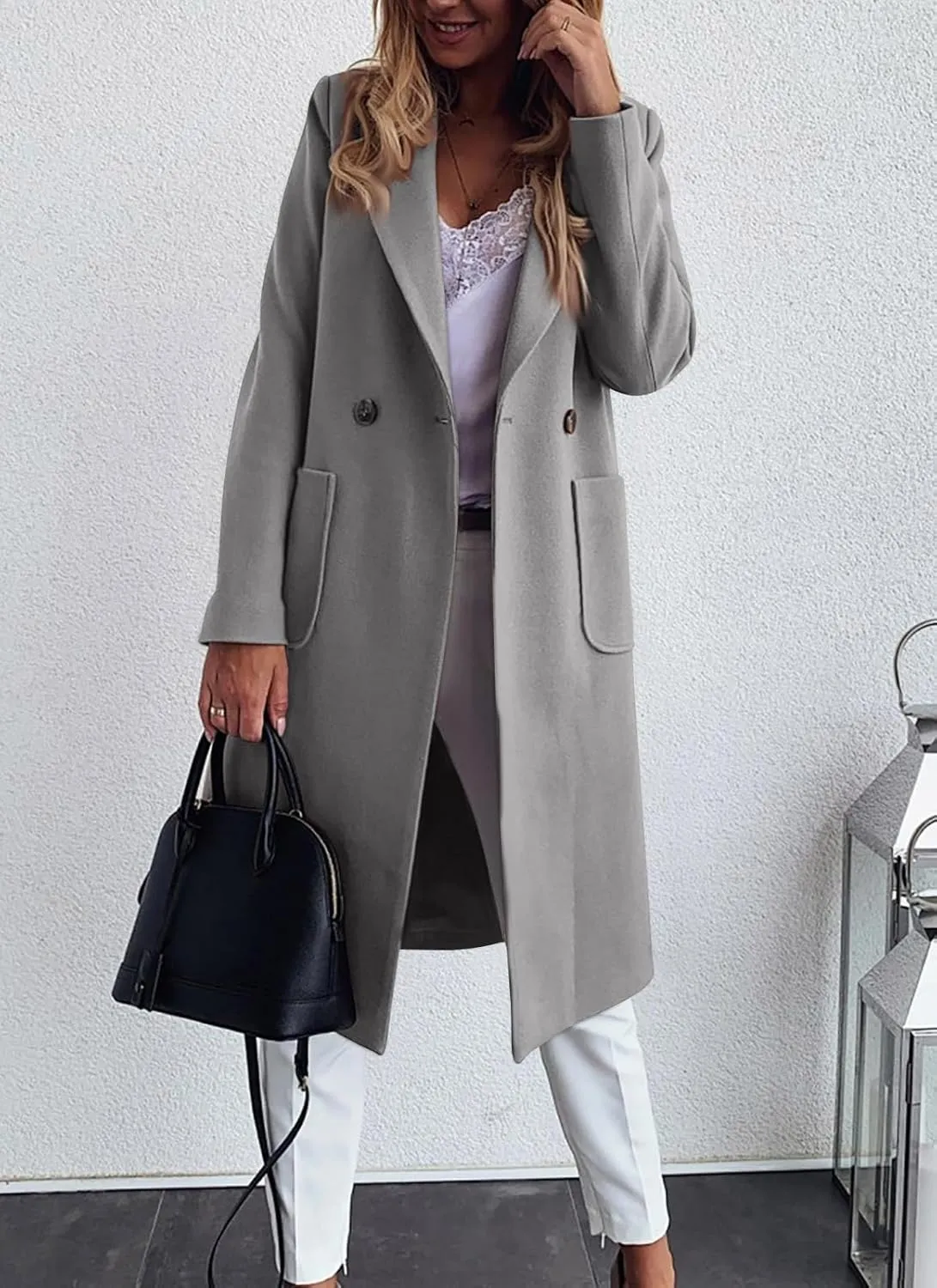 chouyatou Women's Double Breasted Winter Wool Pea Coat Midi Long Warm Wool Blend Trench Coat