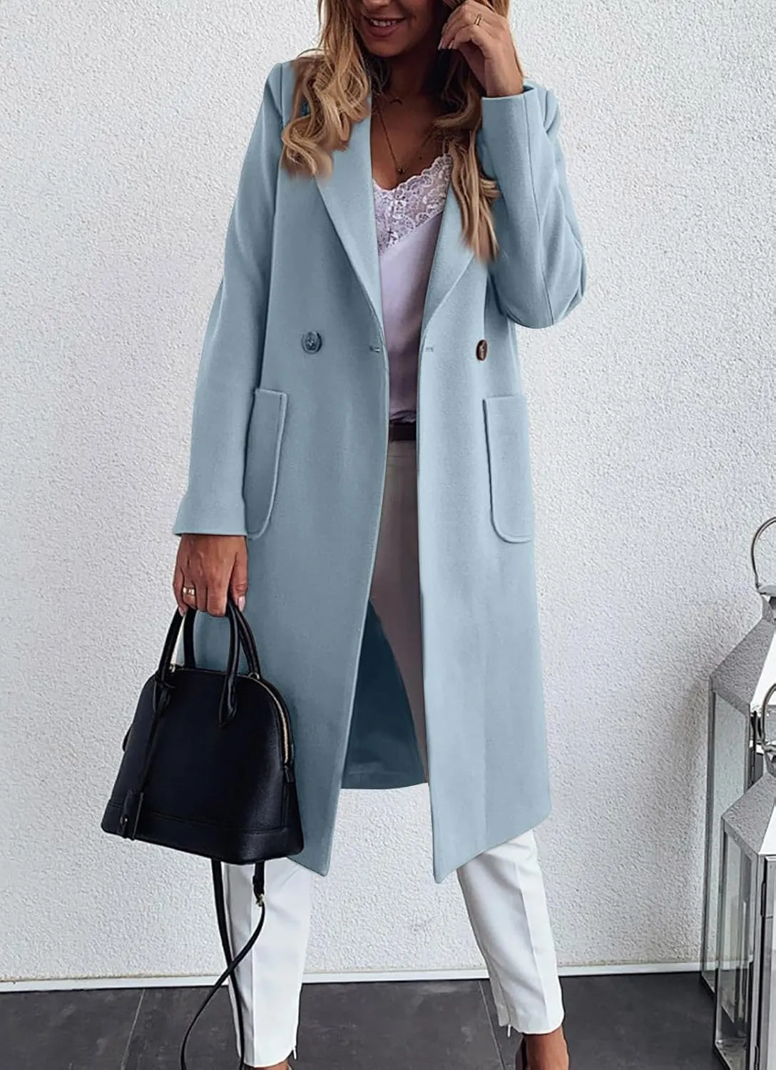chouyatou Women's Double Breasted Winter Wool Pea Coat Midi Long Warm Wool Blend Trench Coat