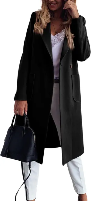 chouyatou Women's Double Breasted Winter Wool Pea Coat Midi Long Warm Wool Blend Trench Coat