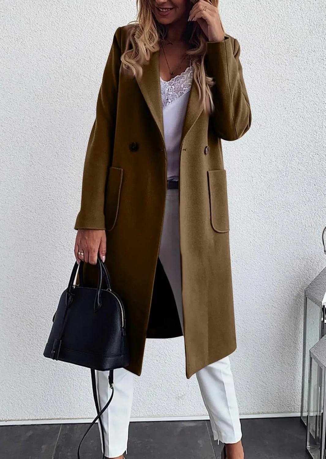 chouyatou Women's Double Breasted Winter Wool Pea Coat Midi Long Warm Wool Blend Trench Coat