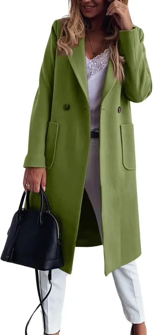 chouyatou Women's Double Breasted Winter Wool Pea Coat Midi Long Warm Wool Blend Trench Coat