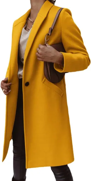 chouyatou Women's Winter Wool Coat Shawl Collar Business Casual One Button Midi Long Pea Coat
