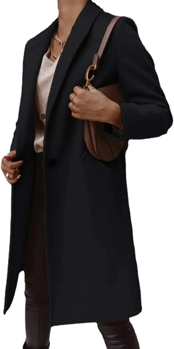 chouyatou Women's Winter Wool Coat Shawl Collar Business Casual One Button Midi Long Pea Coat