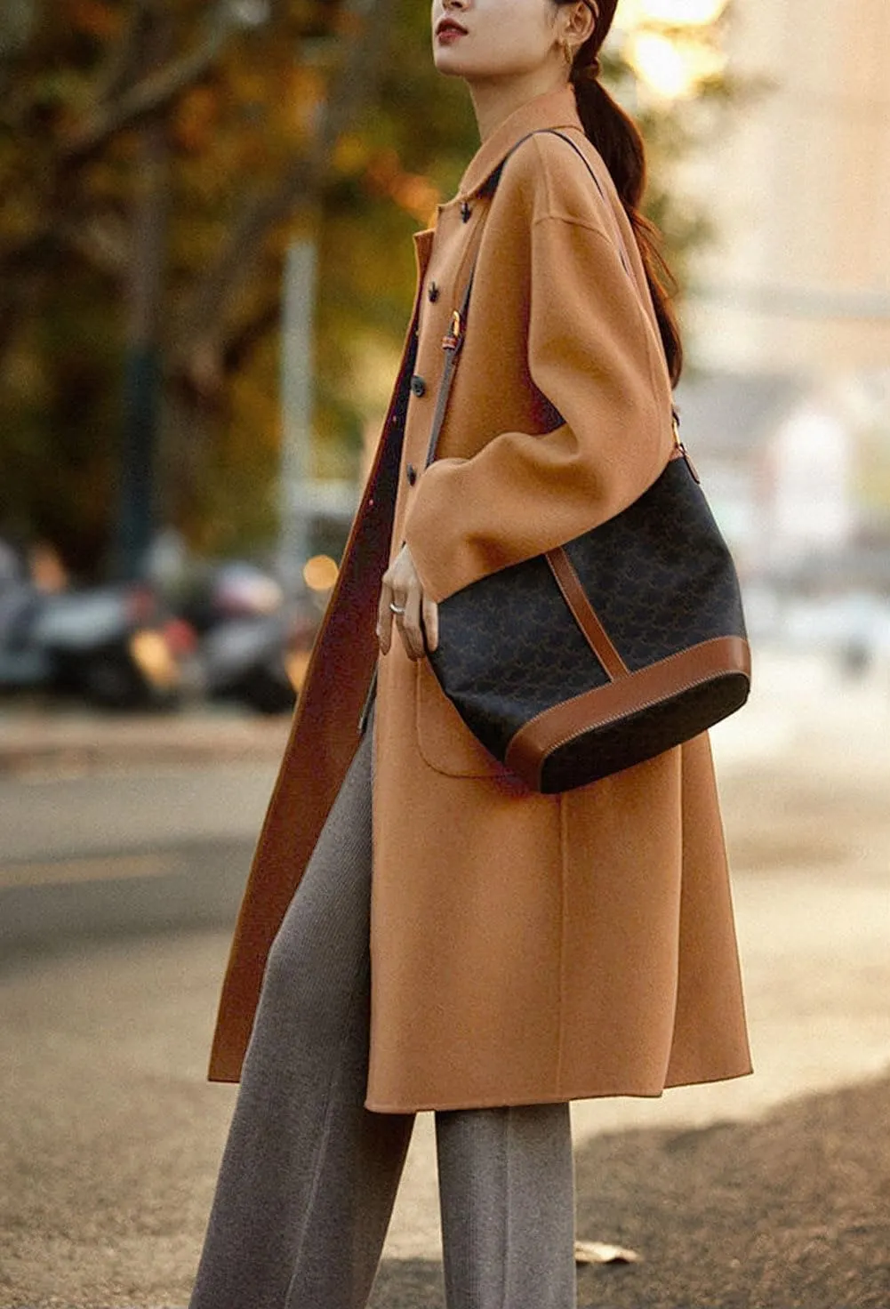 chouyatou Women's Winter Wool Coat Single Breasted Business Casual Midi Long Winter Trench Coat