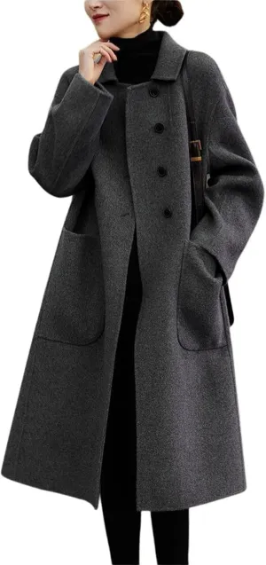 chouyatou Women's Winter Wool Coat Single Breasted Business Casual Midi Long Winter Trench Coat
