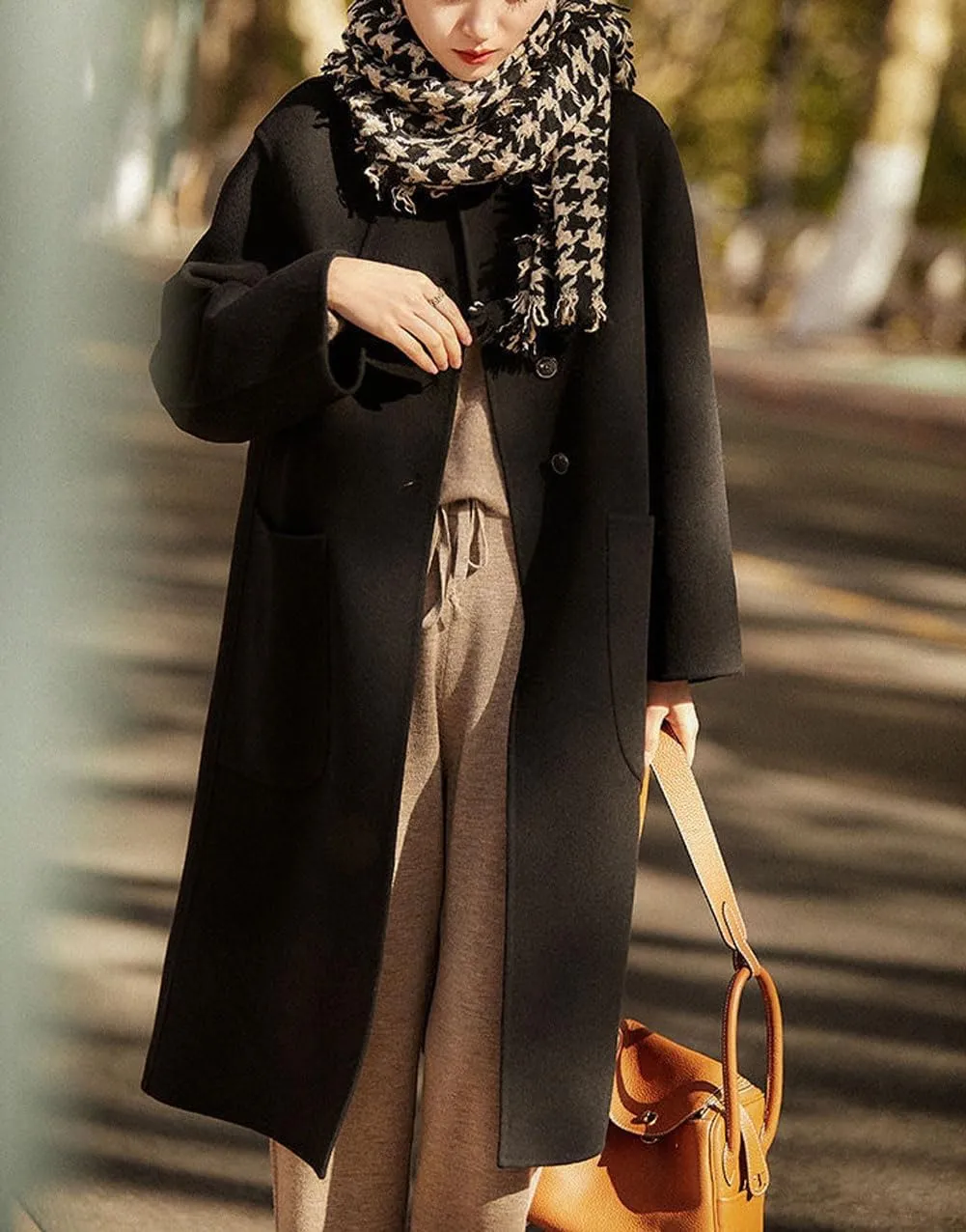 chouyatou Women's Winter Wool Coat Single Breasted Business Casual Midi Long Winter Trench Coat