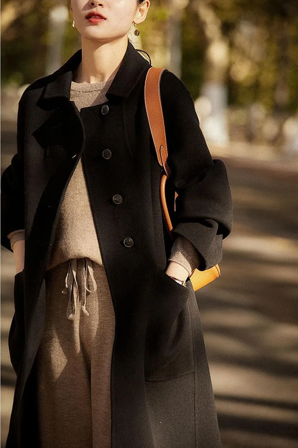 chouyatou Women's Winter Wool Coat Single Breasted Business Casual Midi Long Winter Trench Coat