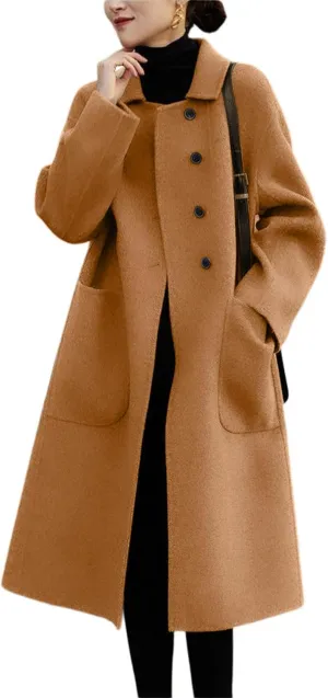 chouyatou Women's Winter Wool Coat Single Breasted Business Casual Midi Long Winter Trench Coat