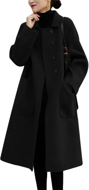chouyatou Women's Winter Wool Coat Single Breasted Business Casual Midi Long Winter Trench Coat