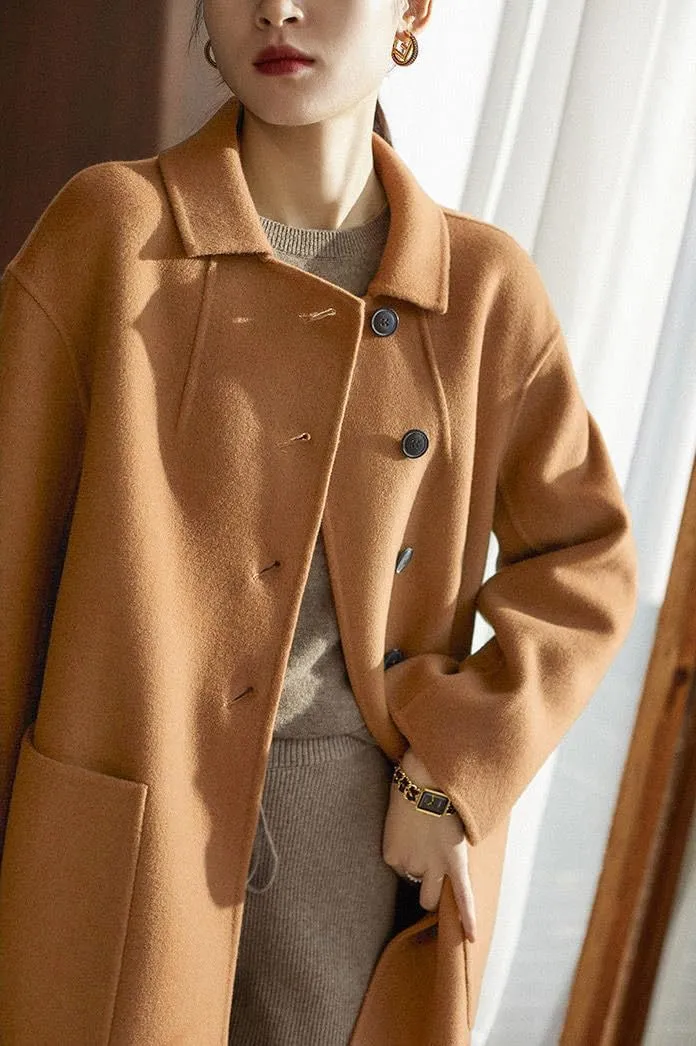 chouyatou Women's Winter Wool Coat Single Breasted Business Casual Midi Long Winter Trench Coat