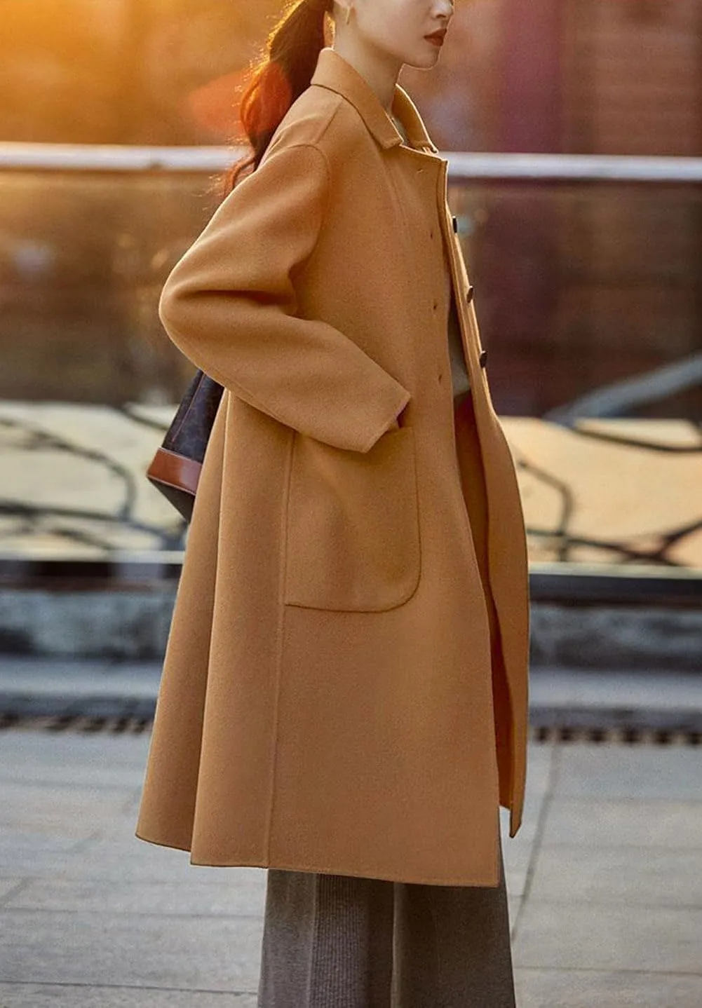chouyatou Women's Winter Wool Coat Single Breasted Business Casual Midi Long Winter Trench Coat