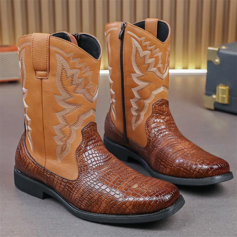 CHUUMEE Cowboy Boots for Men Western Boot Fashion Crocodile Pattern Square Toe Side Zipper Leather Mid-Calf Boots