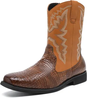 CHUUMEE Cowboy Boots for Men Western Boot Fashion Crocodile Pattern Square Toe Side Zipper Leather Mid-Calf Boots