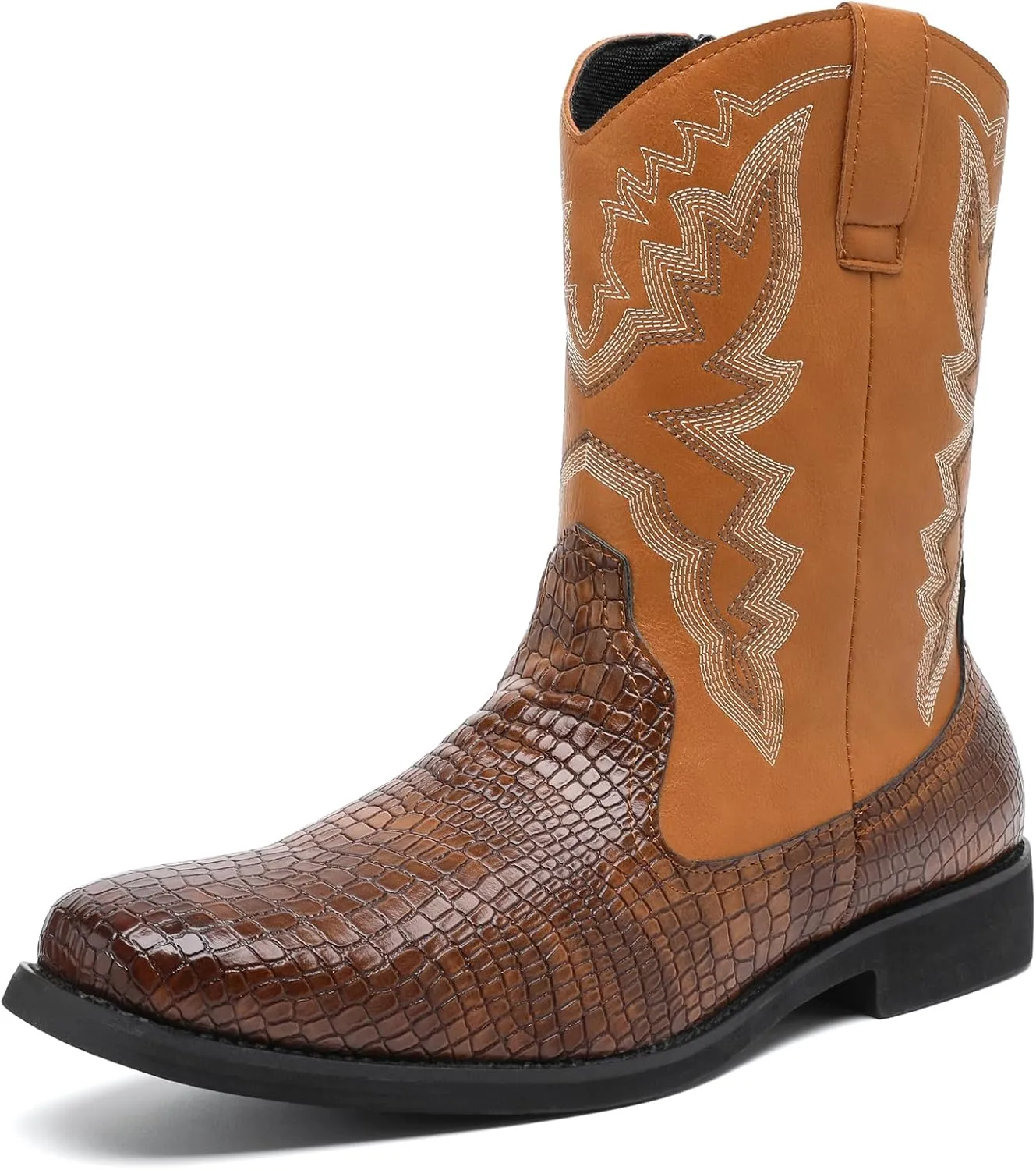 CHUUMEE Cowboy Boots for Men Western Boot Fashion Crocodile Pattern Square Toe Side Zipper Leather Mid-Calf Boots