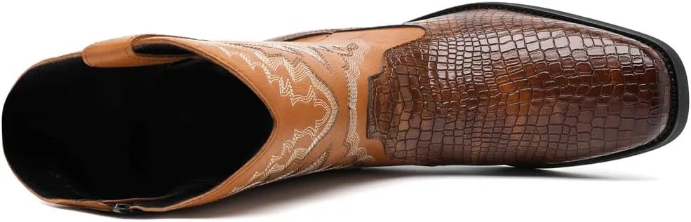 CHUUMEE Cowboy Boots for Men Western Boot Fashion Crocodile Pattern Square Toe Side Zipper Leather Mid-Calf Boots