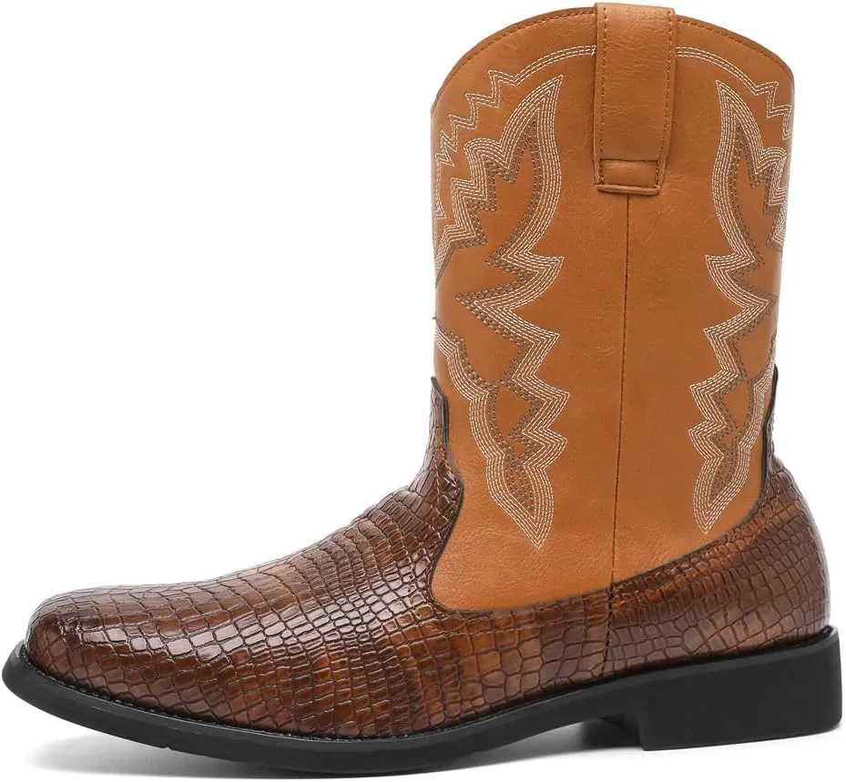 CHUUMEE Cowboy Boots for Men Western Boot Fashion Crocodile Pattern Square Toe Side Zipper Leather Mid-Calf Boots