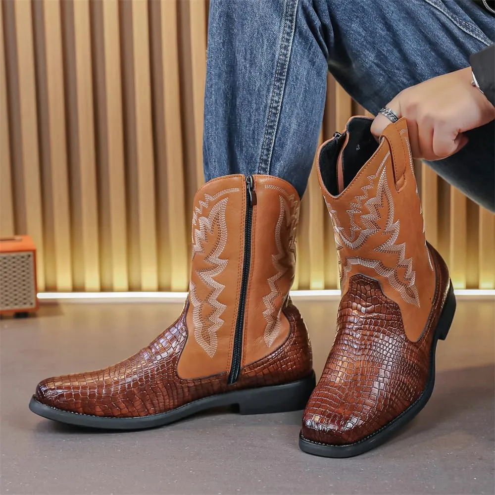 CHUUMEE Cowboy Boots for Men Western Boot Fashion Crocodile Pattern Square Toe Side Zipper Leather Mid-Calf Boots
