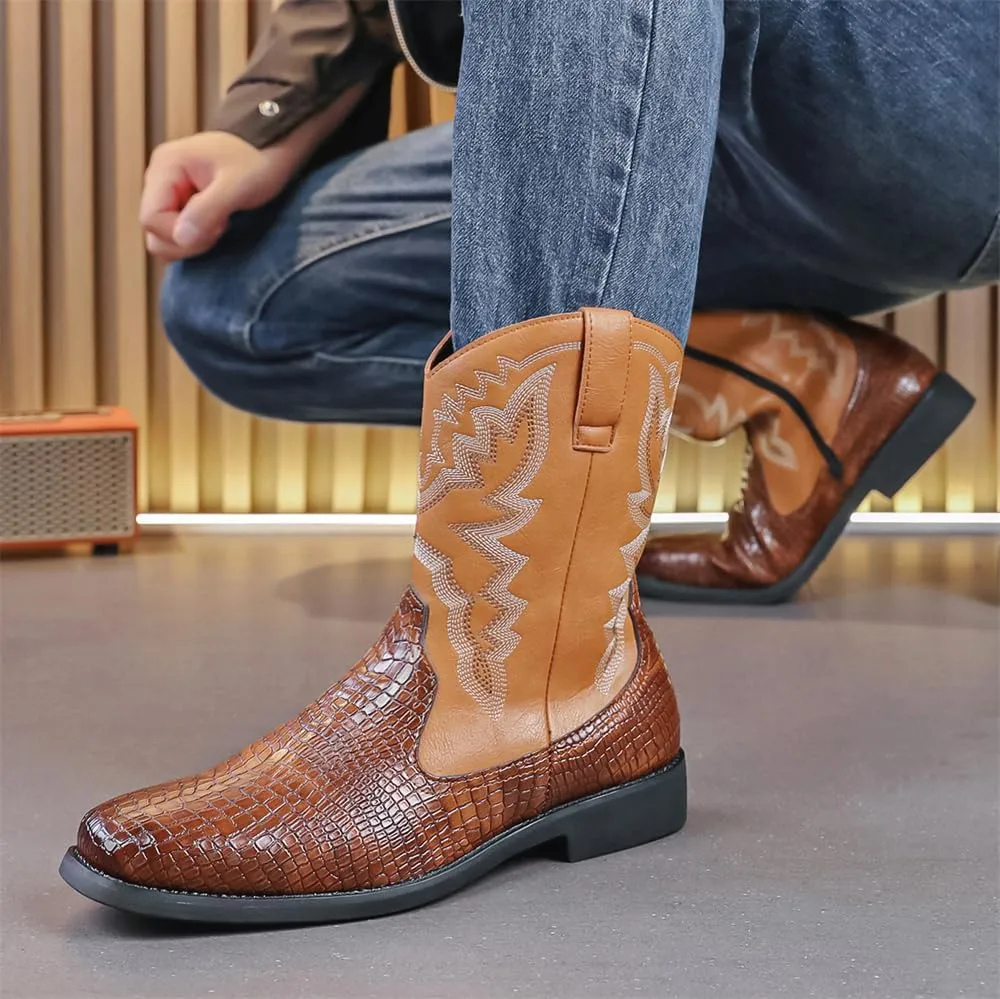 CHUUMEE Cowboy Boots for Men Western Boot Fashion Crocodile Pattern Square Toe Side Zipper Leather Mid-Calf Boots
