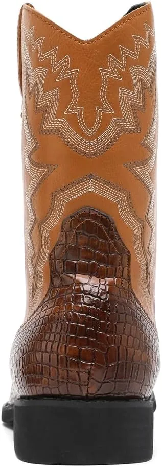 CHUUMEE Cowboy Boots for Men Western Boot Fashion Crocodile Pattern Square Toe Side Zipper Leather Mid-Calf Boots