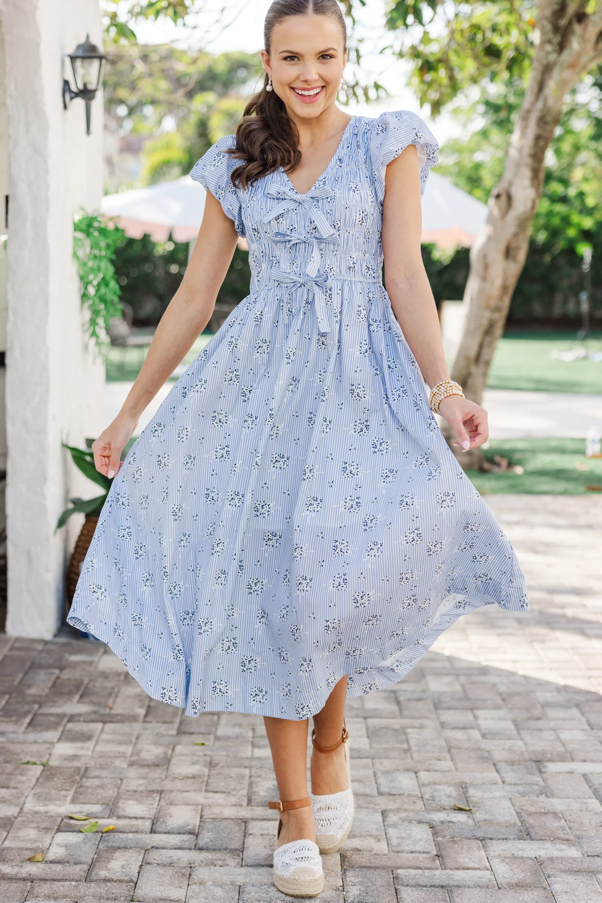 Coastal Breeze Blue Striped Midi Dress