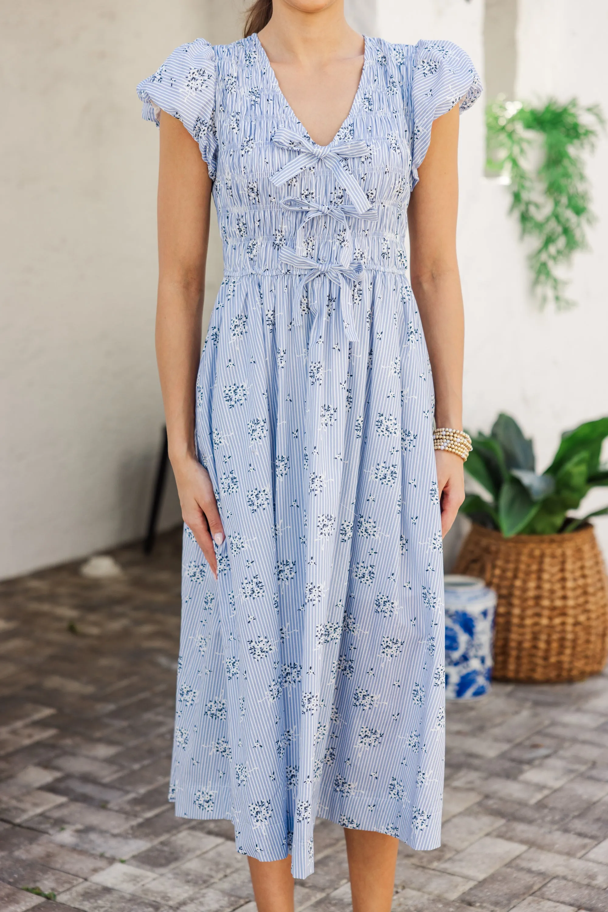 Coastal Breeze Blue Striped Midi Dress
