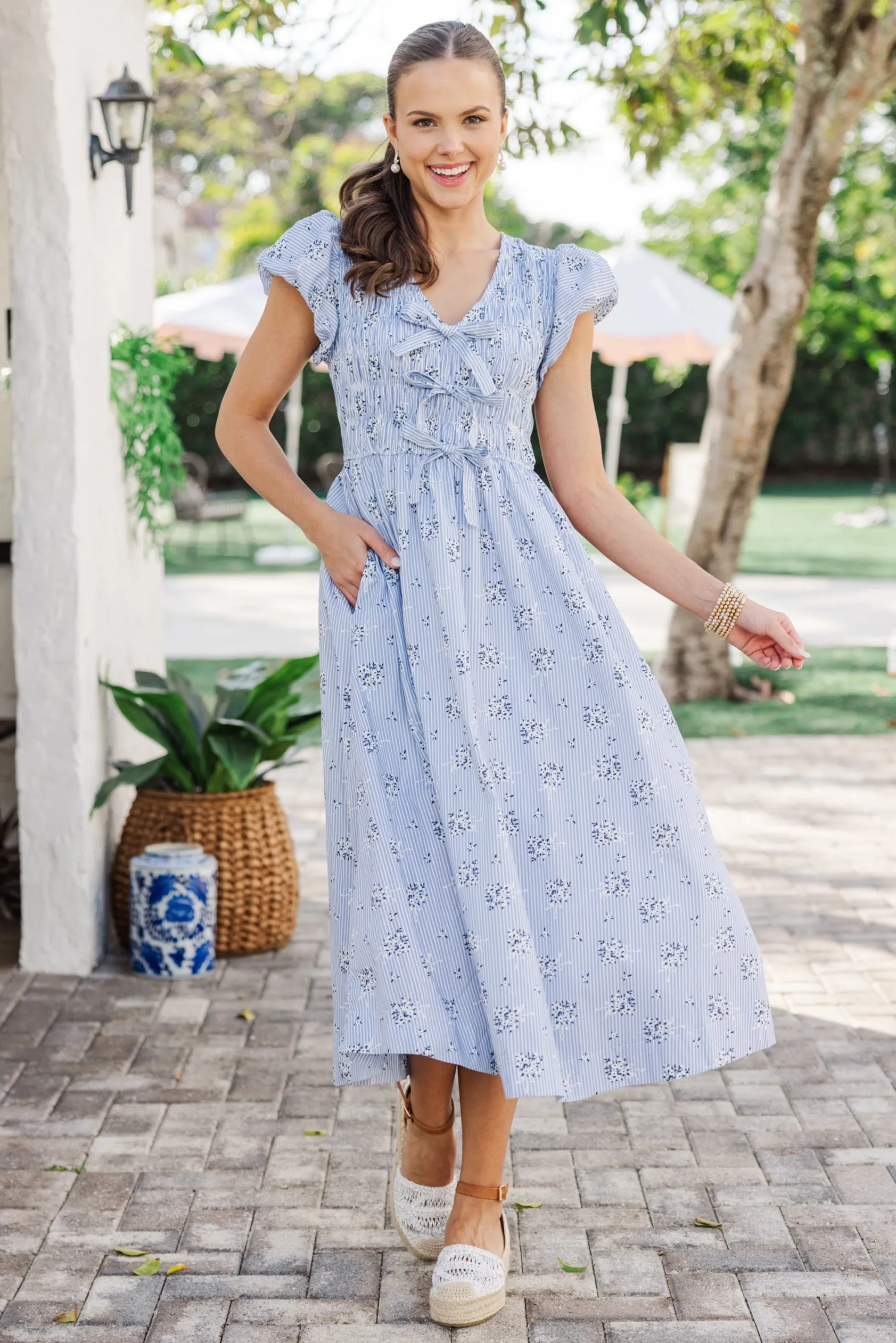 Coastal Breeze Blue Striped Midi Dress