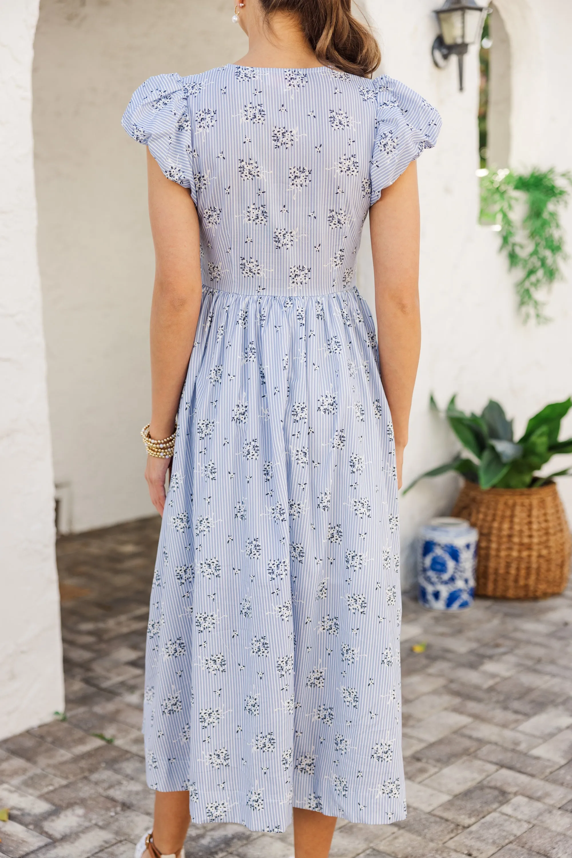 Coastal Breeze Blue Striped Midi Dress
