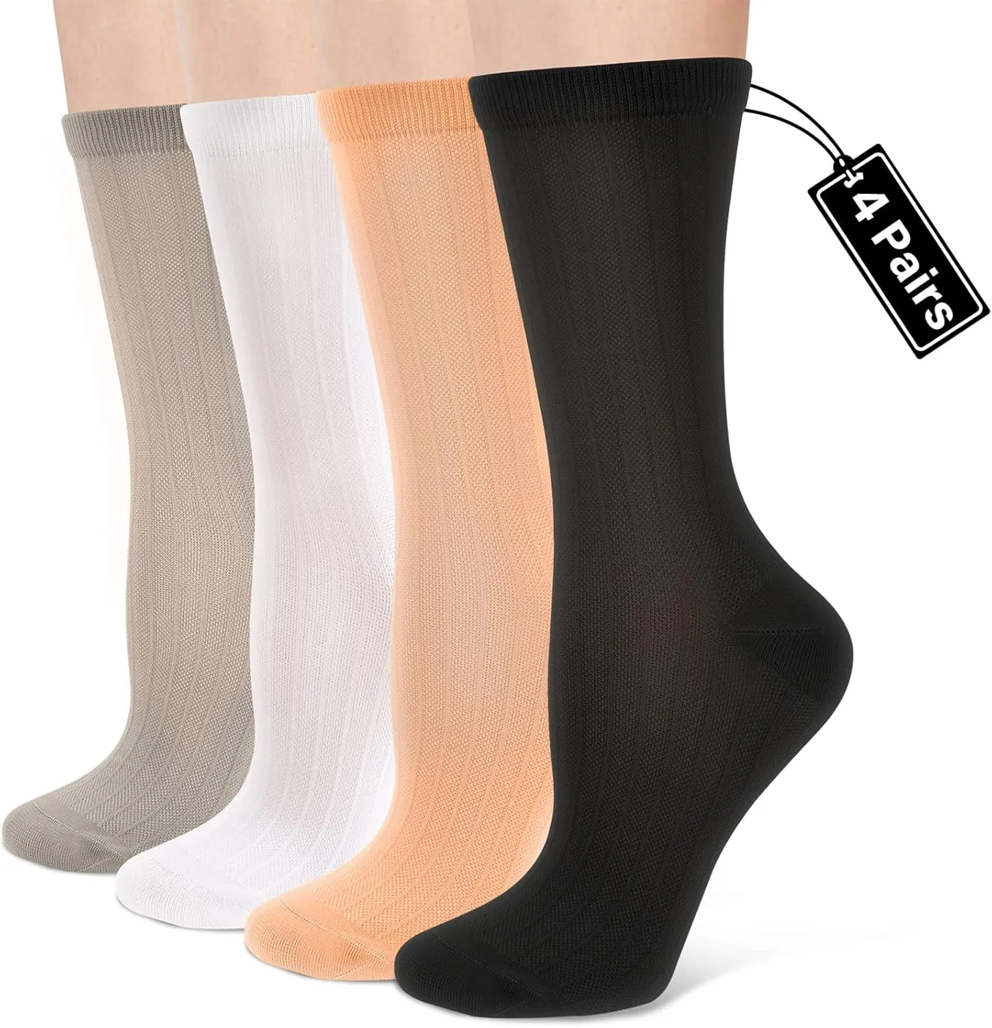 Compression Crew Socks for Women Thin Lightweight (15-20 mmHg) for Athletic Nurse Circulation Support Socks, 4 Pairs