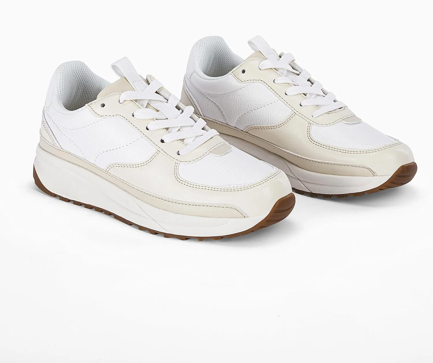 Coutgo Womens Lace Up Platform Sneakers Trendy Athletic Tennis Faux Leather Suede Neutral Comfortable Walking Shoes