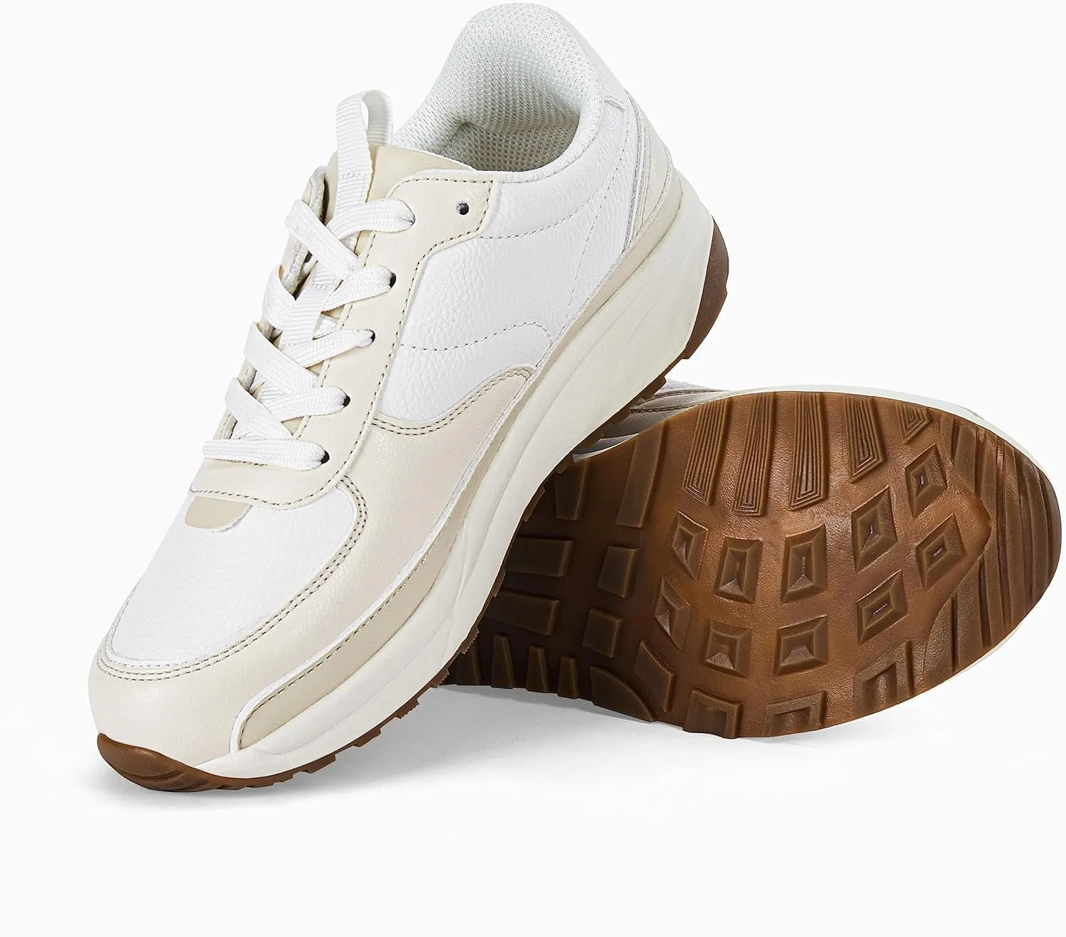 Coutgo Womens Lace Up Platform Sneakers Trendy Athletic Tennis Faux Leather Suede Neutral Comfortable Walking Shoes