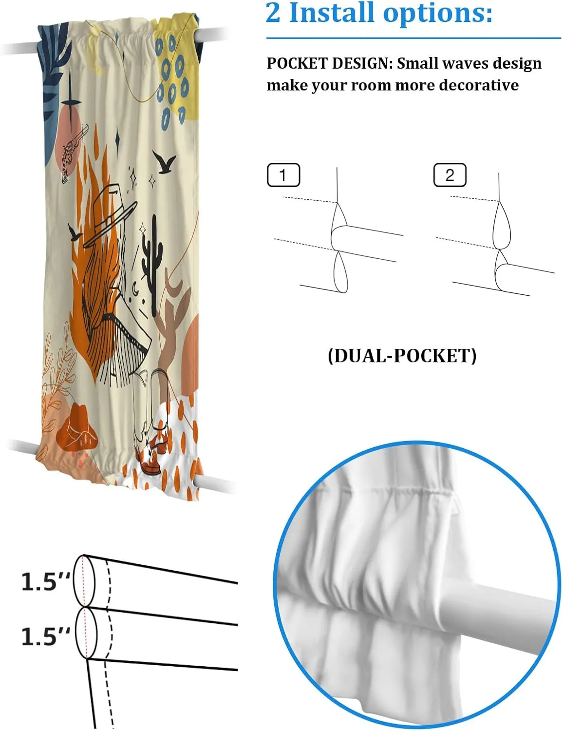 Cowboy Boots Blackout Door Curtain, Western Middle Century Boho Reteo Leaves Rod Pocket Drapes Privacy Protection Door Window Curtains with Adjustable Tieback for Patio Front Door, 1 Panel 54x40