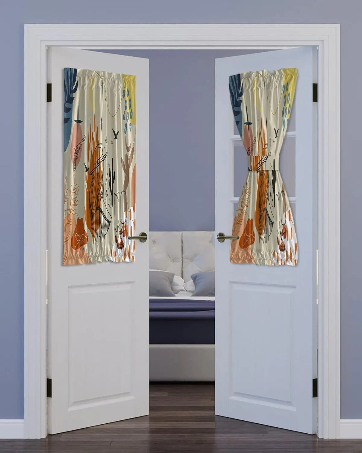 Cowboy Boots Blackout Door Curtain, Western Middle Century Boho Reteo Leaves Rod Pocket Drapes Privacy Protection Door Window Curtains with Adjustable Tieback for Patio Front Door, 1 Panel 54x40