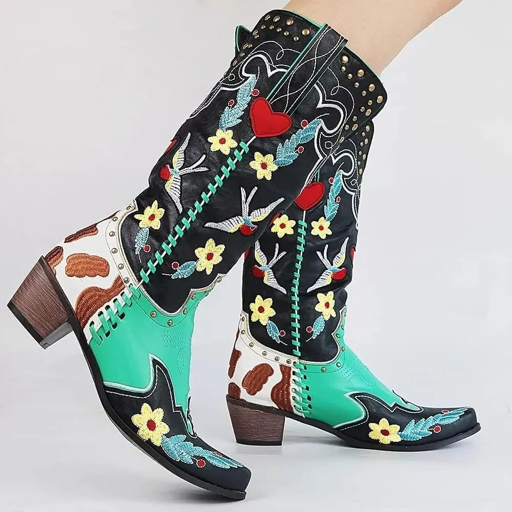 Cowboy Boots For Women, Cute Bluebonnet Floral Embroidered Fashion Country Boots Pointed Toe Chunky Heel Wide Calf Fancy Comfortable Pu Leather, Cowgirl Boots